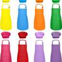 Kids Apron and Chef Hat Set Bulk Childrens Bib with 2 Pockets Adjustable for Boys Girl's Cooking Baking Painting for Age 6-13 Years (8 Colors Mixed)