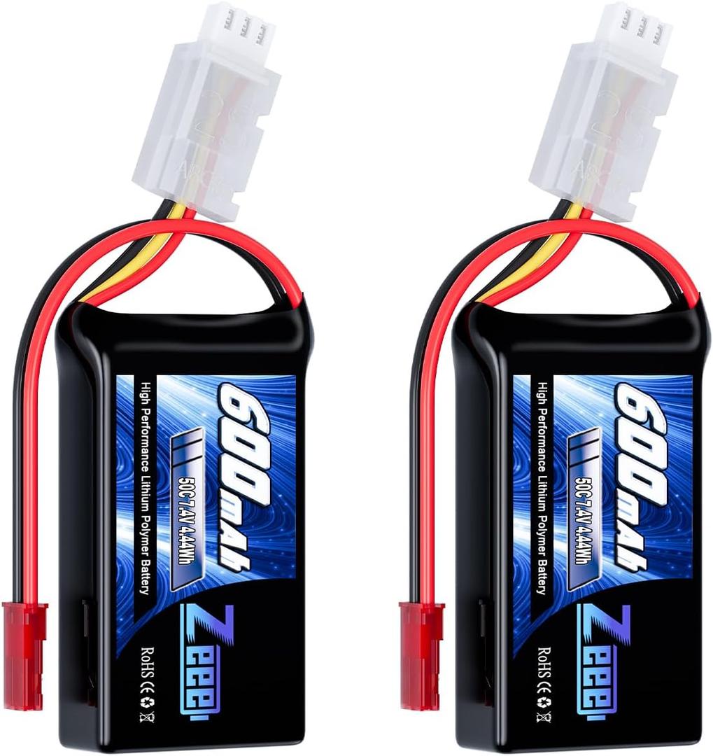 Zeee 2S Lipo Battery 600mAh 7.4V 50C with JST Connector for FPV Helicopter Airplane RC Boat Racing Drone Quadcopter RC Car RC Models(2 Pack)