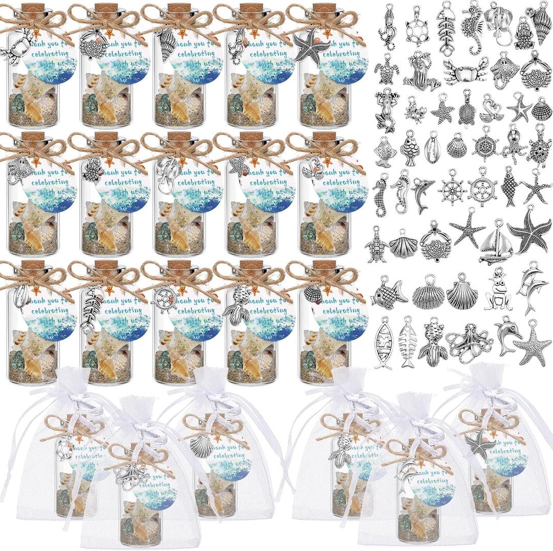 48 Sets Beach Wedding Favors for Guests Coastal Summer Beach Ornaments Personalized DIY Nautical Glass Message Bottle with Corks and Seashell Starfish Pendants for Wedding Party Favors Souvenirs