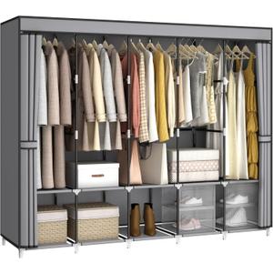 MOGELAFOO 83 Inch Wide Portable Closet Wardrobe, Clothes Storage Rack Organizer with Cover, 5 Clothes Hanging Rods and 10 Storage Shelves, Grey