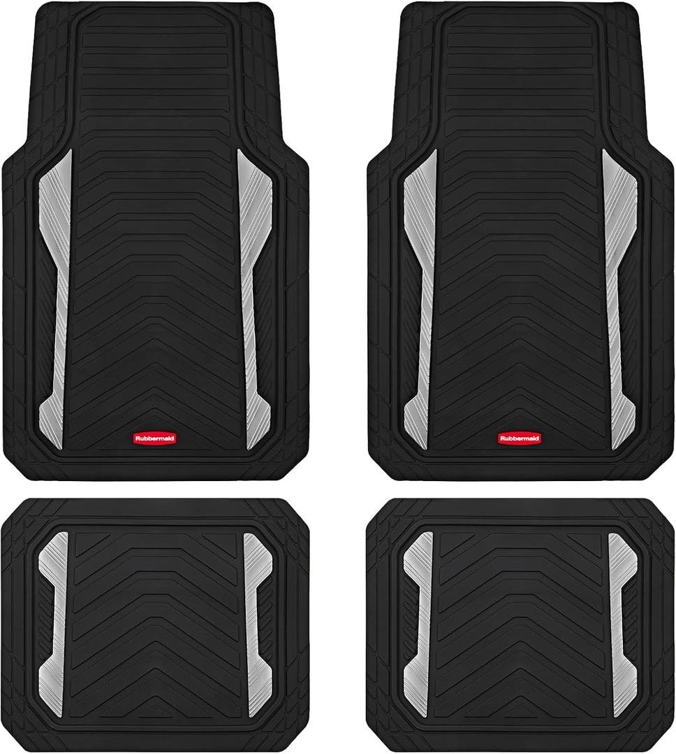 Rubbermaid Car Floor Mat, Heavy Duty All-Weather Car Mats Full Set with Dual-Tone Sliver Aluminum Inserts  Universal Fit, Anti-Slip Backing, Trim-to-Fit for Most SUV, Sedan, Van (Silver)