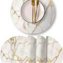 Round Leather Placemats Set of 4 PU Waterproof Non-Slip Washable Heat Resistant Place Mat for Kitchen Dining Table - Marble Gold Line