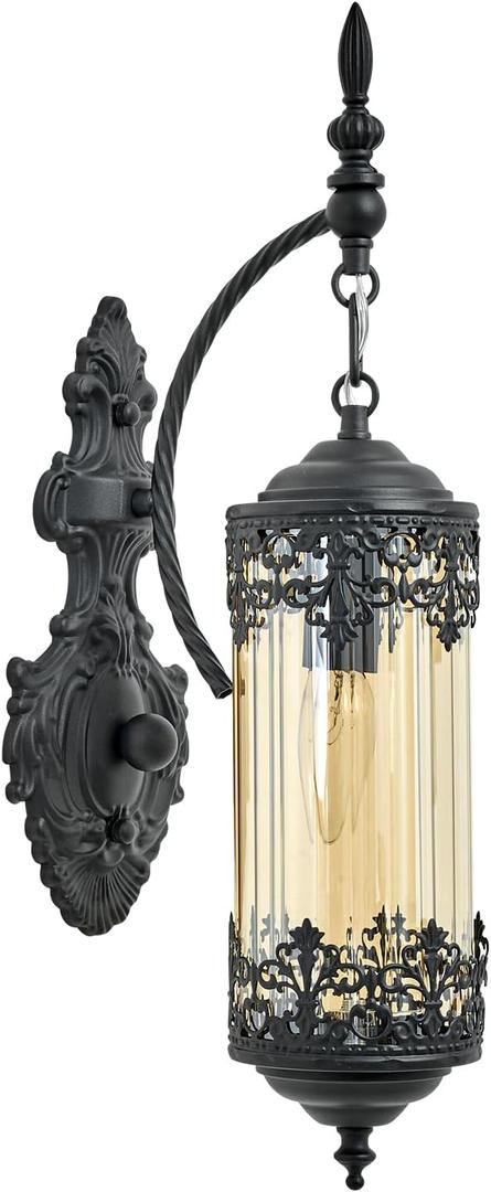 Rustic Wall Sconce with Amber Glass Mini Vintage Antique Gothic Wall Light Fixture Retro Farmhouse Mid Centry Lantern Wall Sconce for Bedroom, Hallway, Living Room, Mirror, Black, E12 (Black-Amber Glass-1-Light)