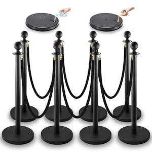 Stanchions with Velvet Ropes Set, 5 ft Velvet Ropes and Posts, Stainless Steel Barriers for Crowd Control Barriers, Party Supplies, Exhibition (Black-8pcs)