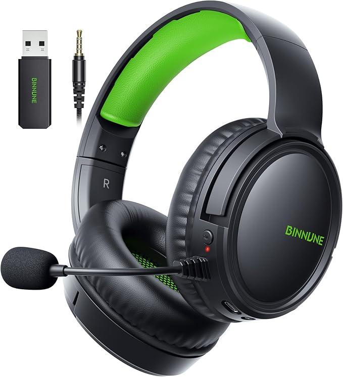 BINNUNE Wireless Gaming Headset — 2.4GHz LowLatency USB Dongle + Bluetooth, 50mm Drivers 7.1 Surround, NoiseCancelling Mic, 40H Battery — Over Ear Wireless Headphones for PS5, PC, Laptop, Green