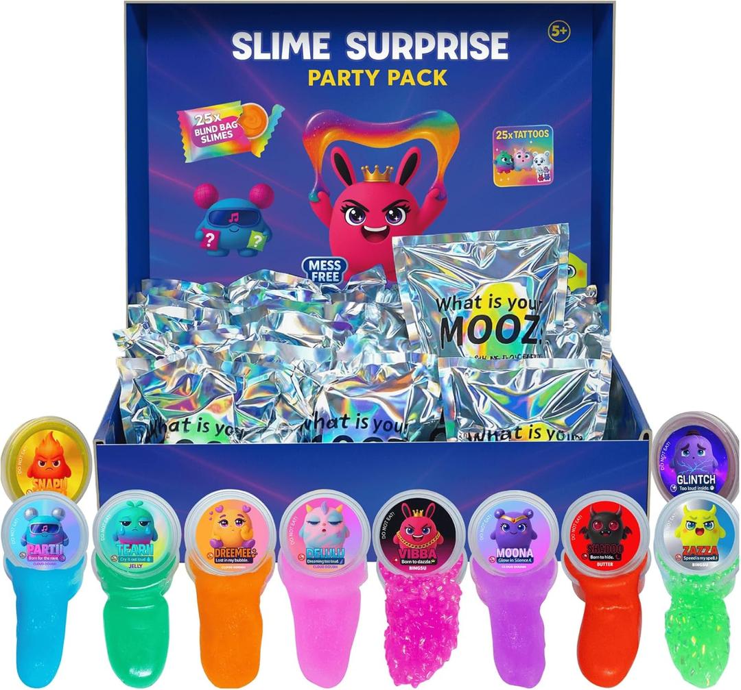 Mini Slime Party Favors for Kids -25 Blind Bag –Cloud/Butter/Crunchy/Galaxy Slime with Fake Tattoos, Sensory Toys for Girls & Boys, Xmas Gifts, Goodie Bag Stuffers, Birthday Party, Classroom Prizes