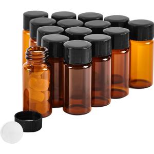 15 PCS 10ML Amber Small Liquid Sample Glass Vials with Screw Caps,0.34OZ 22x52mm Leak-Proof Vial, 18-400 Black Screw Cap with PE Liners for Lab, Essential Oil, Perfume, Reagents
