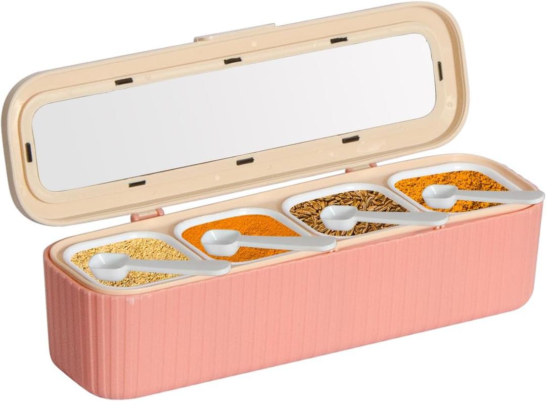 Clear Seasoning Box, 4 Packs Seasoning Rack Spice Pots, Condiment Jars Seasoning Box with Clear Covers and Spoons for Spice, Sugar, Salt, Pepper, Garlic Powder (Pink)