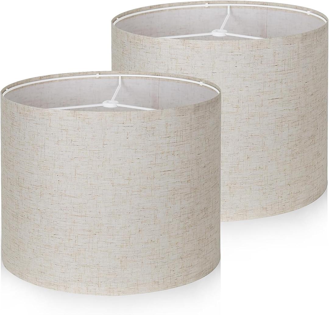 Lamp Shade Set of 2,Drum Lampshades,Medium Lampshades Linen Fabric 13" Top x 13" Bottom x 10" High,Beige Light Shade Natural Linen Hand Crafted,Easy Assembly, for Table, Floor,Wall Lamps