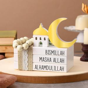 Blulu Islamic Wooden Tiered Tray Decor White Book Stack Golden Moon and Beads Start with Bismillah End with Alhamdulillah for Farmhouse Eid Muslim Ramadan Home Tabletop Art Decor(Bismillah)