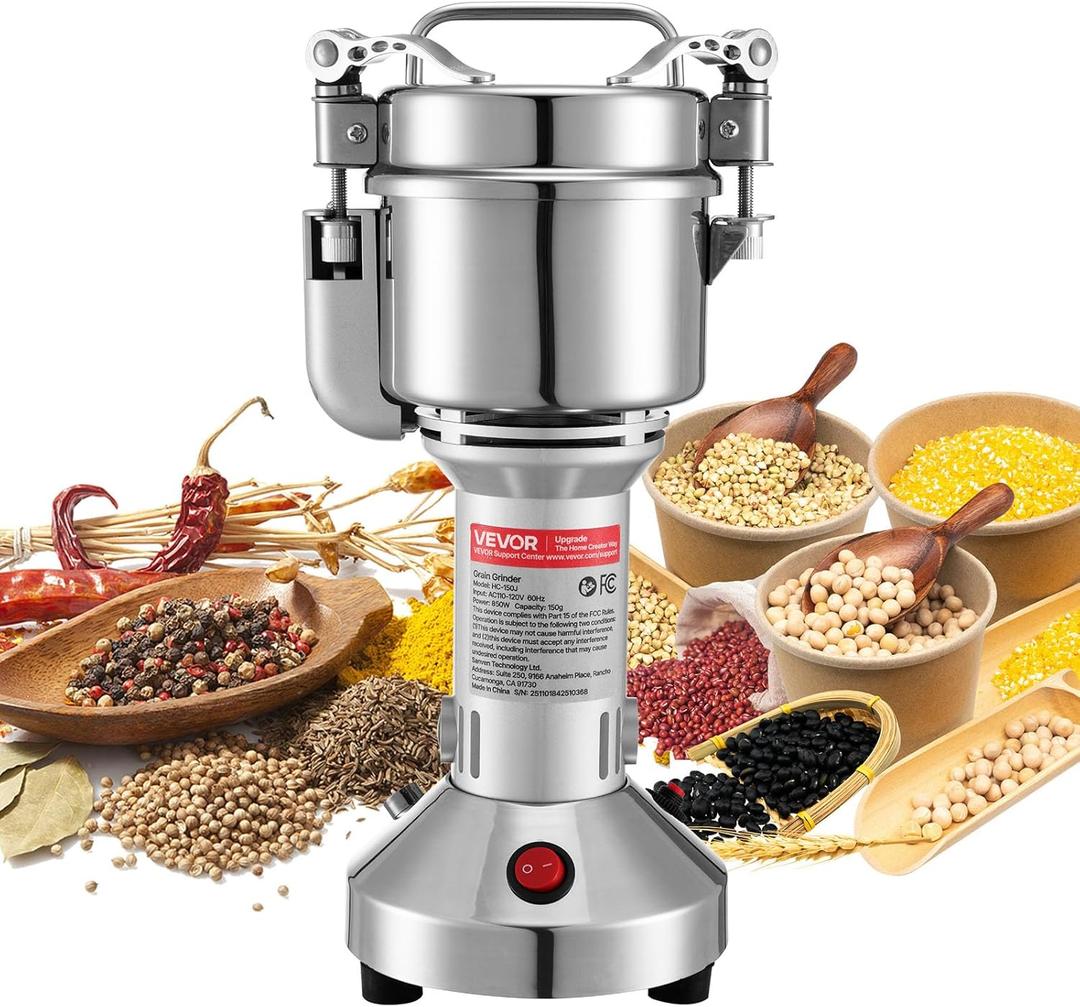 VEVOR Electric Grain Mill Grinder, 150g Commercial Spice Grinders, High Speed 850W Stainless Steel Pulverizer Powder Machine, for Dry Grains, Spices, Cereals, Coffee, Corn & Pepper, Straight Type