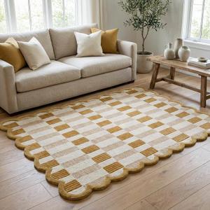 Hand-Tufted Scalloped Wool Area Rug, Modern Plaid Checkered Pattern, Soft & Durable Cozy Accent Rug for Living Room, Bedroom & Nursery, Handmade Decorative Carpet (Neutral, 4' x 6')