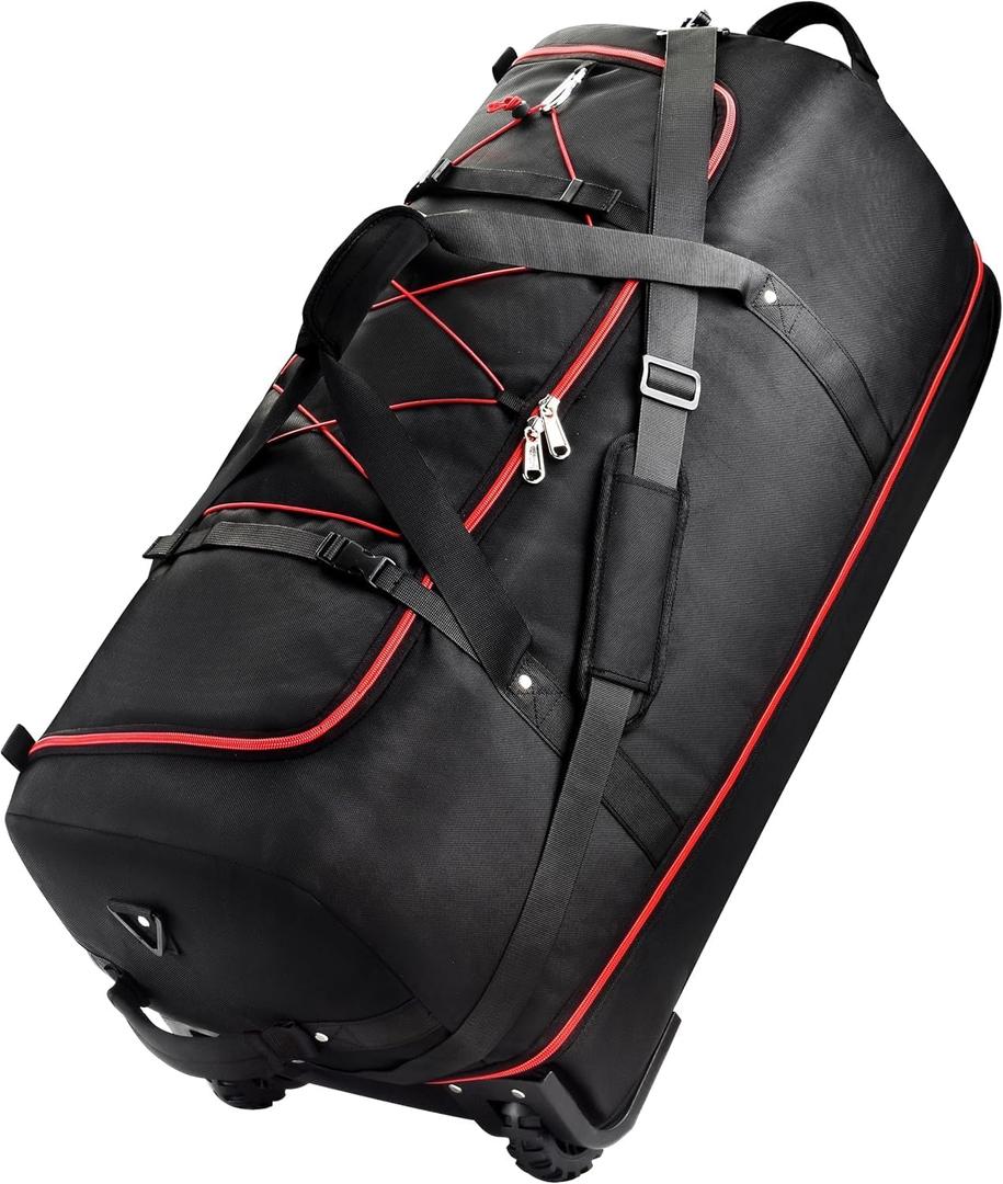 Rolling Duffle Bag with Wheels,110L/140L Expandable Soft-Sided Foldable Duffle Bag with 2 Rubber Wheels,Packable 32 Rolling Carry-On with Multi-Pockets & Compartments (black red)