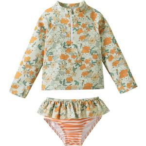 DREAM BUS Toddler Girls Long Sleeve Swimsuit 2 Piece Rashguard Set Sun Protection Baby Girls Bathing Suit Kids Swimwear (18-24 Months, #1 Floral Whirl in Orange)