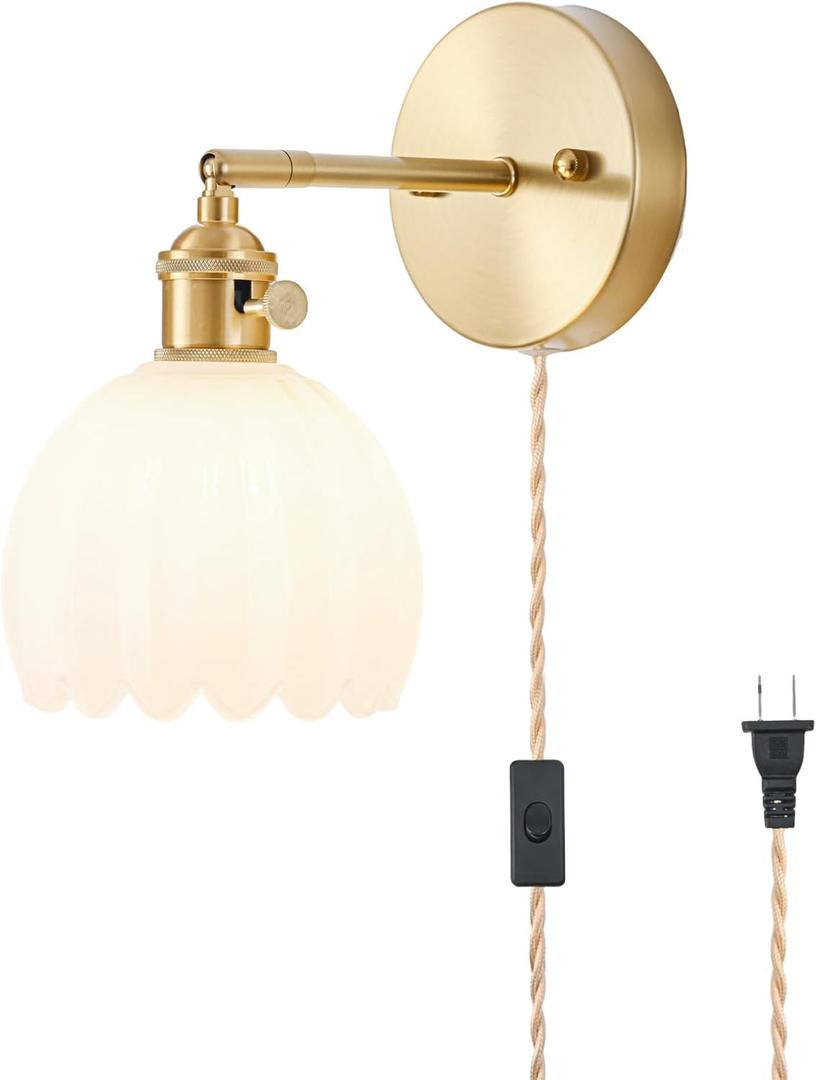Plug in Wall Sconce, Vintage Sconce Light with Tulip Milk White Glass Lampshade, Bedside Wall Sconce with Switch and Plug in Wall Lamp Cord, Gold Wall Light for Bedroom (Plug in1 Pack)