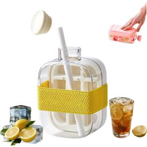2-in-1 Ice Cube Tray, Touch-Free Press Ice Tray with Straw, Ice Cube Bottle, Leak-Proof Lid, for Freezer/Party/Home/Gym