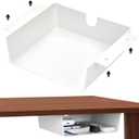2 Pack Under Desk Hanging Shelf Drawer Organizer, Attachable Plastic Hidden Storage Tray, Easy Adhesive Mount Holder for Standing Tables, Office, Counters, Cabinets, Workstations - White