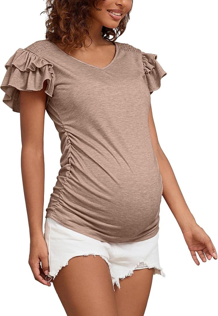 Bhome Maternity Summer Ruffle Tops,Casual Frilled V-Neck Short Sleeve Fitted Blouse Shirts Trendy for Women (M)