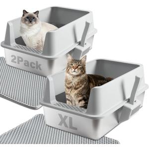 Stainless Steel Cat Litter Box with Lid, 2 Pack XL Metal Litter Box Stainless Steel with Mat & Scoop, Odor-Free/Anti-Leakage & Non-Stick, High-Sided Litter Box for Multiple Big Cats(XL/Grey)