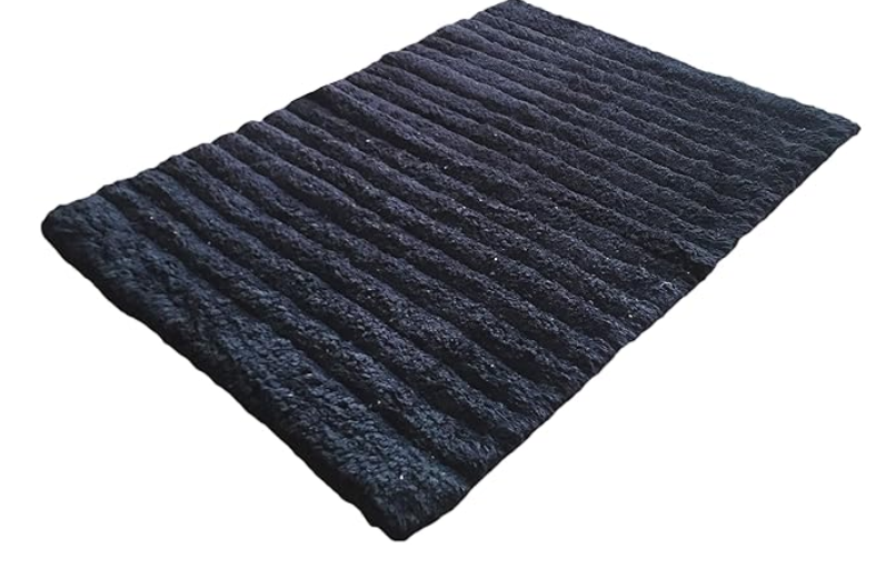 AJS Living Cotton Ribbed/ Stockinette Stitch Design Anti Slip Bath Mat Rug for Living Room/ Home Entrances Bathmat, Black, 72 x 50 cm