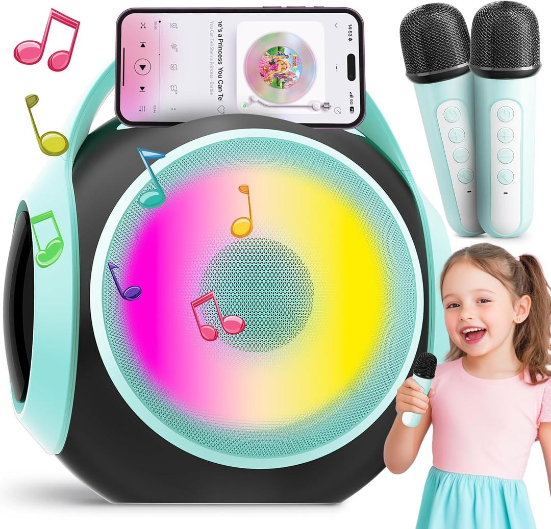 All Rounder Karaoke Machine for Kids Teens, Portable Bluetooth Karaoke Speaker Includes Two Mics, Voice Changer, Light Effects, Bass Tremolo, Supports USB/TF/AUX/Bluetooth for Home Party (Light Green)