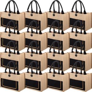16 Pieces Jute Burlap Totes Jute Tote Bags Reusable Burlap Bags with Handles for Wedding Shopping, 11.8 x 7.87 x 5.5 Inches (Black,Classic)