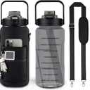 Half Gallon Water Bottle with Sleeve, 64OZ Motivational Water Bottle with Straw & Time Marker, BPA Free Leakproof Large Sports Water Bottle, Reusable Water Jug for Workout Gym Sport (Black)