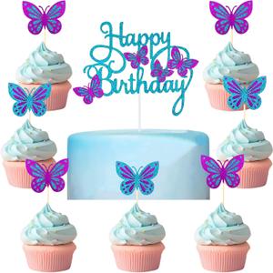 13 PCS Blue & Purple Happy Birthday Cake Toppers 3D Double-Layer Butterfly Cupcake Decorations for Birthday Parties and Baby Showers Cake Decor