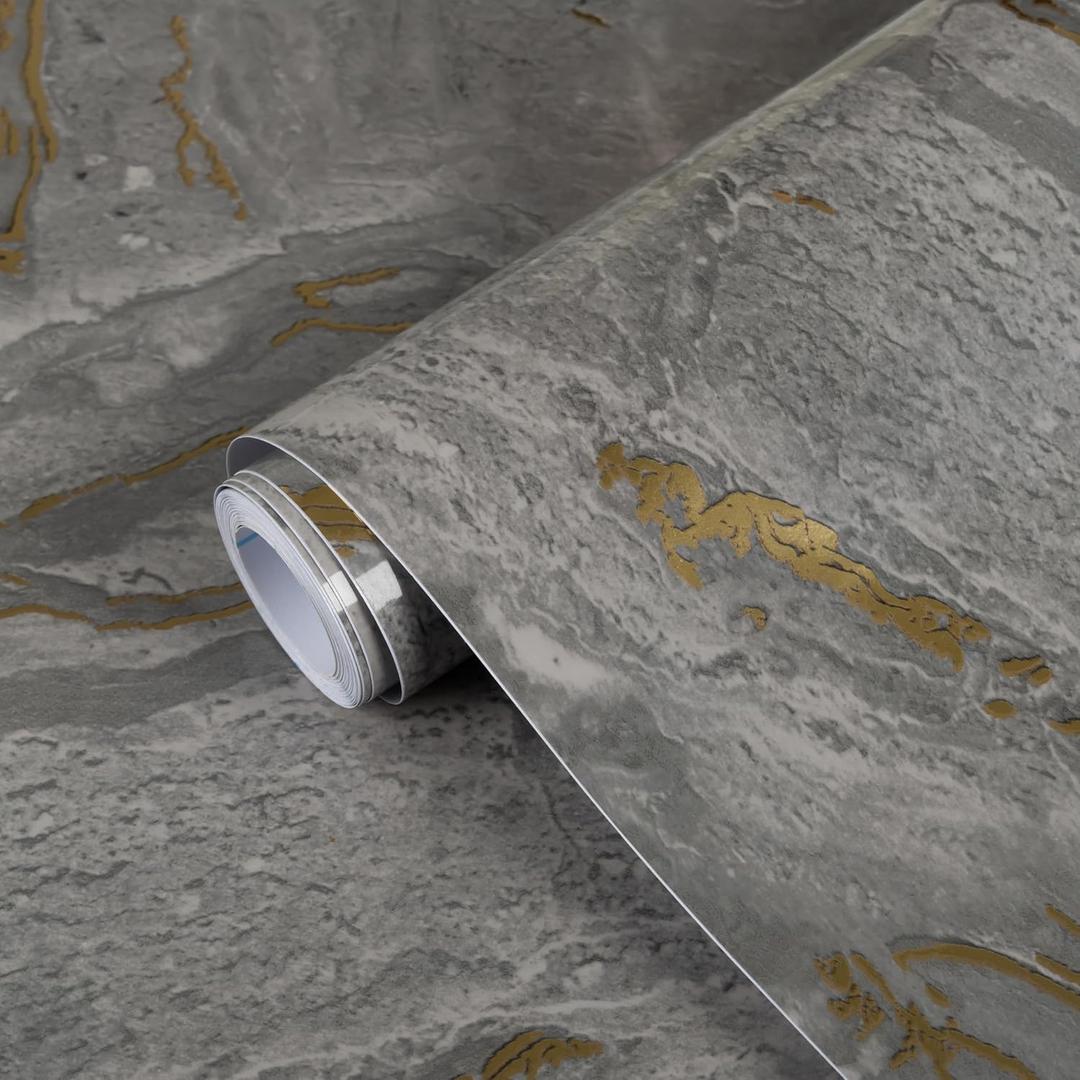 Marble Contact Paper Peel and Stick for Kitchen Countertop, Gray and Gold Wallpaper Removable Self Adhesive Vinyl Waterproof Roll 15.7118" for Cabinets Countertops Wall Covering Easy to Clean