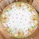 Easter Rabbit Round Fitted Tablecloth with Elastic Edge 40-44 Inch Yellow Floral Table Cover Washable Cute Bunny Table Cloth for Kitchen Dining Party Decor