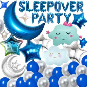 47 Pieces Sleepover Party Decoration Blue Sleepover Birthday Party Balloons Banner Cute Moon Star for Kids Boys Girls Pajamas Slumber Night Out Party Decoration (Black)