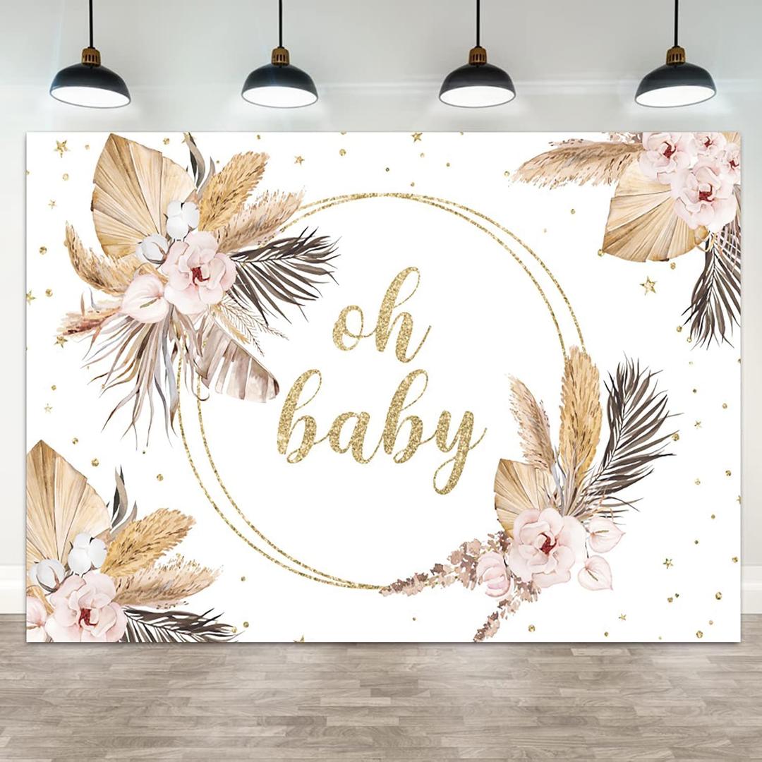 10x8ft Baby Shower Backdrop Oh Baby Photography Background Boho Pink Flower Leaves Bohemian Grass Golden Glitter Star Dot Kid Birthday Party Banner Decorations Gender Reveal Photo Booth Prop