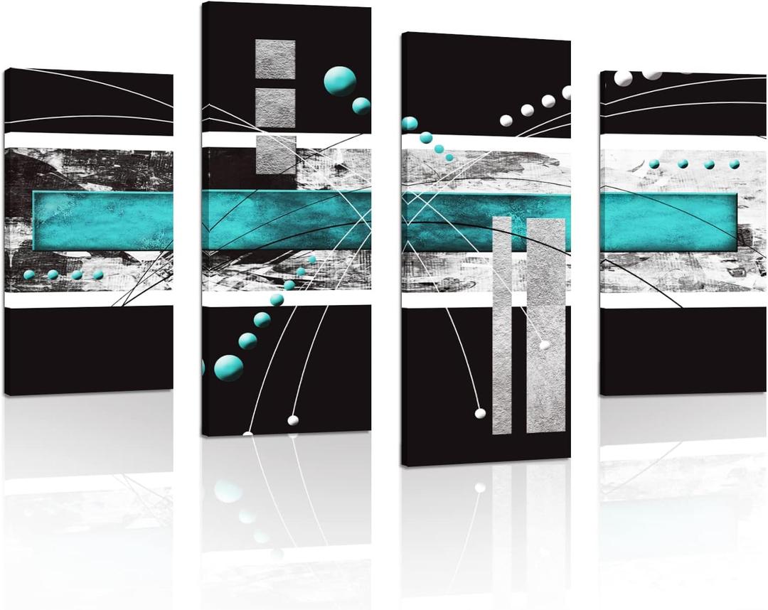 Modern Abstract Canvas Wall Art: Black Teal Wall Decor - Grey White Decoration for Home Office, 4 Panels Poster Framed Print for Living Room Bedroom, 12" x 24" x 2 + 12 x 32" x 2