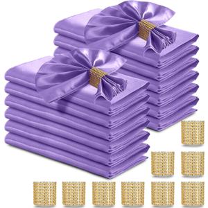 RUDONG M 100 Pcs Light Purple Satin Napkins and Napkin Rings Set, 17 x 17 Inch Square Cloth Napkins Set of 50, Silky Soft Table Napkins Bulk for Weddings, Banquet, Parties Dinner Decoration