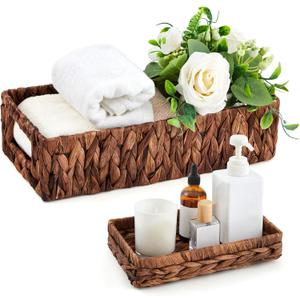 2 Pcs Toilet Paper Basket for Back of Toilet Wicker Water Hyacinth Basket Topper and Vanity Tray Set with Built-in Handles for Paper Hand Towel, Bathroom, Home, Spa(Dark Brown)