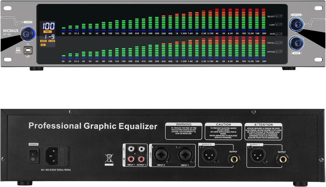31-Band Digital Equalizer for Home Stereo Audio System, Professional Dual Channel Graphic Equalizer Music EQ Studio Equalization with PC Tuning, Spectrum Analyzer Display & Noise Reduction