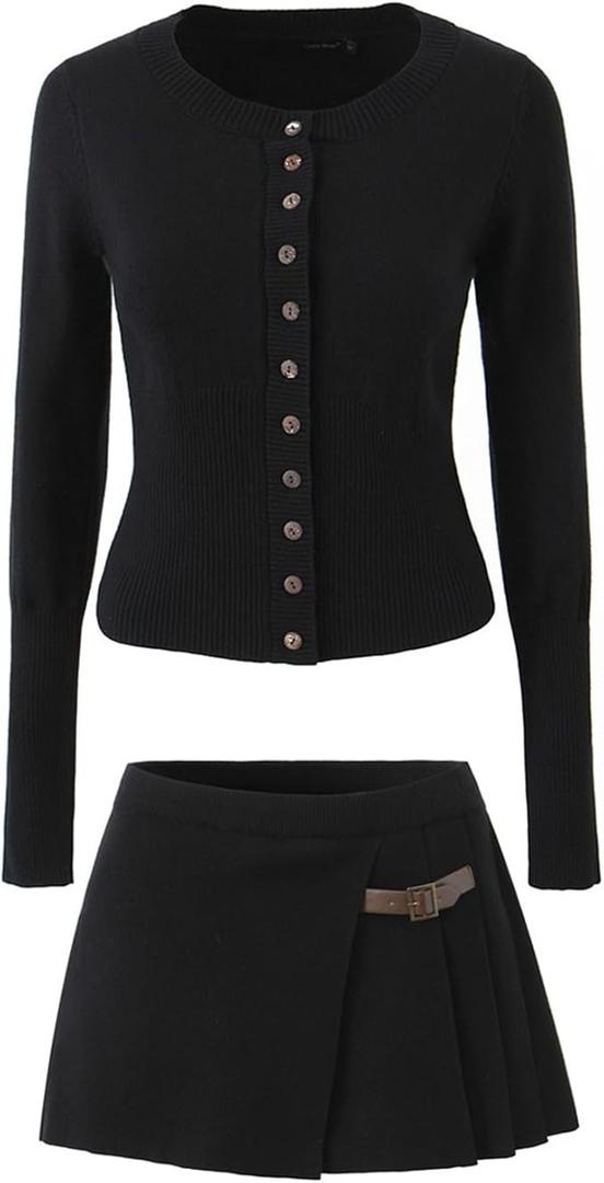 Women's 2 Piece Long Sleeve Knitted Sweaters and Skirt Set Ribbed Knitted Button Cardigan Short Skirt Casual Work Set, L