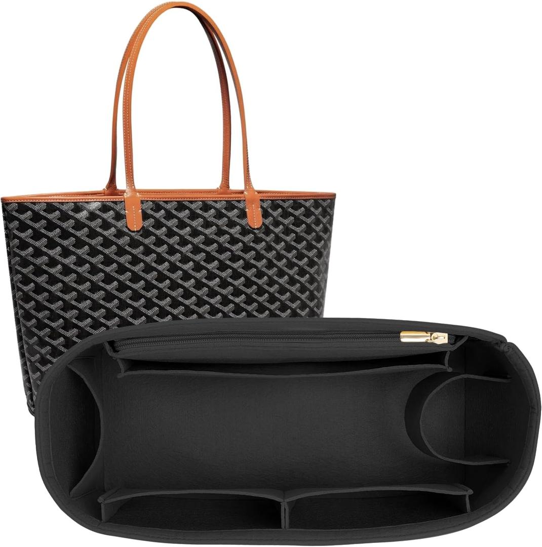 Tote Bag Organizer Insert for Saint Louis GM Size, Premium Felt Zipper Organizer with Cup Holder Tote Organizer (Black)