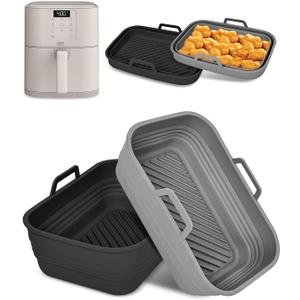 Collapsible Air Fryer Silicone Liners 2-Pack for Bella 6Qt Slim Air Fryer(5lb Capacity), Reusable Airfryer Silicone Pot Rectangle, Non-stick Baking Basket Insert for Air Frier Accessories,Gray+Black