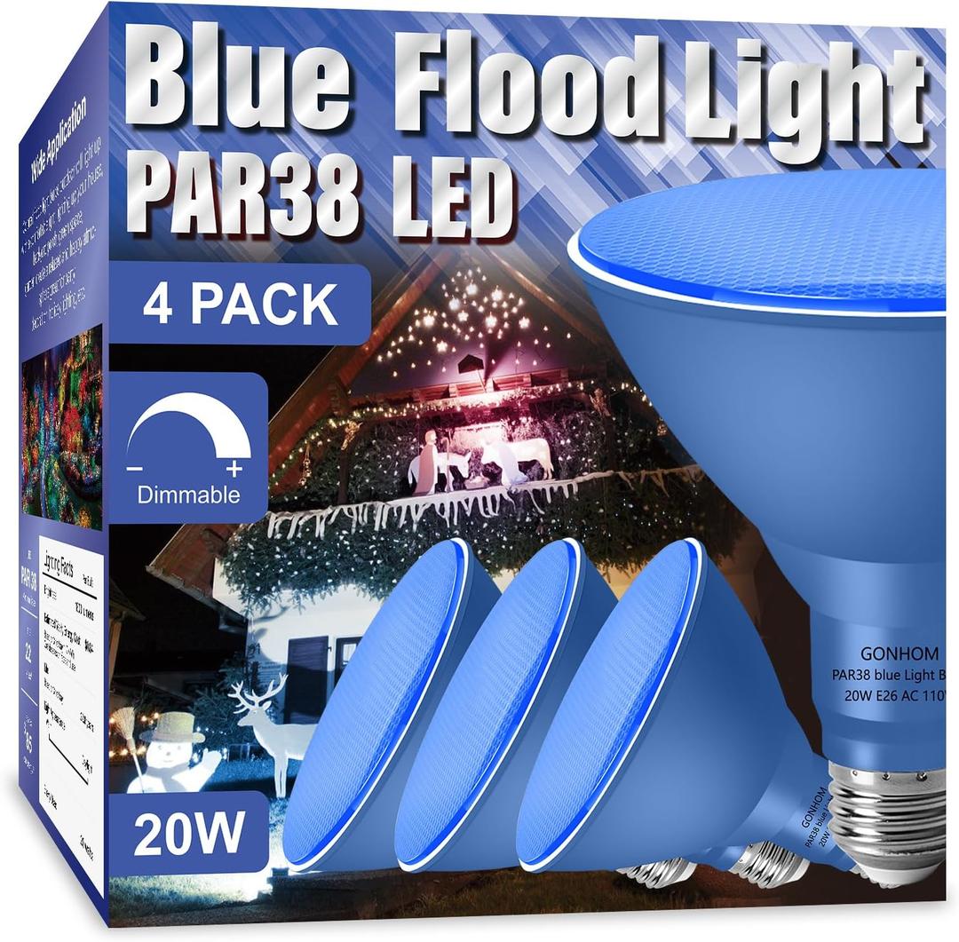 PAR38 Flood Lights Outdoor, Dimmable LED Flood Light Bulbs,20W(Equivalent to 200W),E26 Base, Outdoor Porch, Holiday Lighting, LED Flood Light Bulb for Halloween,Christmas,4 Pack Blue