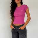 Women Y2K Crop Tops Short Sleeve Ribbed Knit Shirts Cute Bow Embroidery Tee Shirts Teen Girls Slim Fitted Baby Tees (Large, Fuchsia)