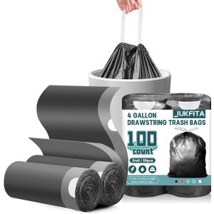 Small Trash Bags, 100 Count 4 Gallon Trash Bags Drawstring, Tear-Free Small Garbage Bags, Black Trash Bags Unscented for Bathroom Kitchen Office Bedroom