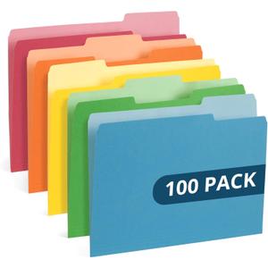 100 Blue Summit Supplies Colorful File Folders with Tabs  Multi Colored File Folders, 1/3 Cut Top Tabs, Letter Size, Durable 11pt Paper, Two Tone, Assorted Colors, Bulk 100 Pack