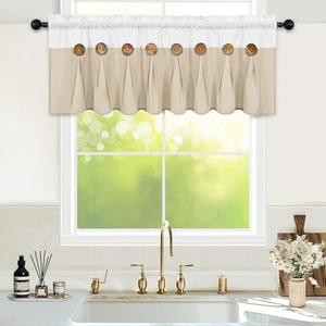 FRAMICS Farmhouse Valance Curtains, Boho Cotton Linen Kitchen Valance, Rustic Button Window Valances for Kitchen, Country Rod Pocket Valances for Windows Bathroom, White and Linen, 52 x 18 Inch
