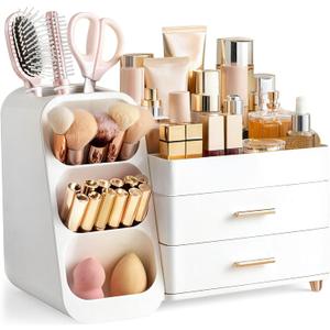 HBlife Makeup Organizer with Brush Holder for Vanity, Large Plastic Bathroom Countertop Organizer Skin Care Storage, Easy to Store Lipsticks, Nail Polishes, Perfumes, Eyeshadow Palettes, All White