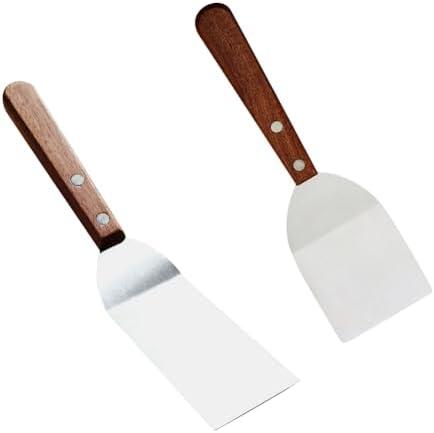 2 Pcs Stainless Steel Flipper Spatula Wood Handle Grill Turner Flat Top Metal Spatulas Fish Flipping Turner Beveled Edge Frying Spatulas Chef Baking Scraper Spatula for Pancake Burger