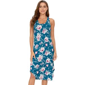 GYS Long Nightgown for Women - Viscose Made from Bamboo, Soft Sleeveless Sleep Shirt Summer Racerback Sleep Dress (Small, Teal Blue Peony)