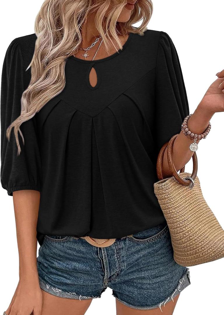 Magritta Womens Puff Half Sleeve Summer Tunic Tops Casual Chest Pleated Shirts Work Blouse for Women Dressy (Black, XL)