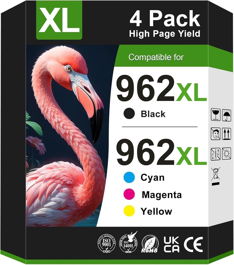 4 x 962XL Ink Cartridges for HP Printers Compatible for HP 962XL Ink Cartridges Combo Pack Works with HP OfficeJet Pro 9010 9015 9018 9020 9025(962 Ink, Black Cyan Magenta Yellow)