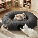 Extra Large Cat Tunnel, Cooling Natural Linen Big Tunnel for Large Cats, 47.2in Multi-Cat Family Long Cat Tunnel Bed with Washable Mat, Breathable & Durable Big Cat Tunnel for Cats, Dark Grey